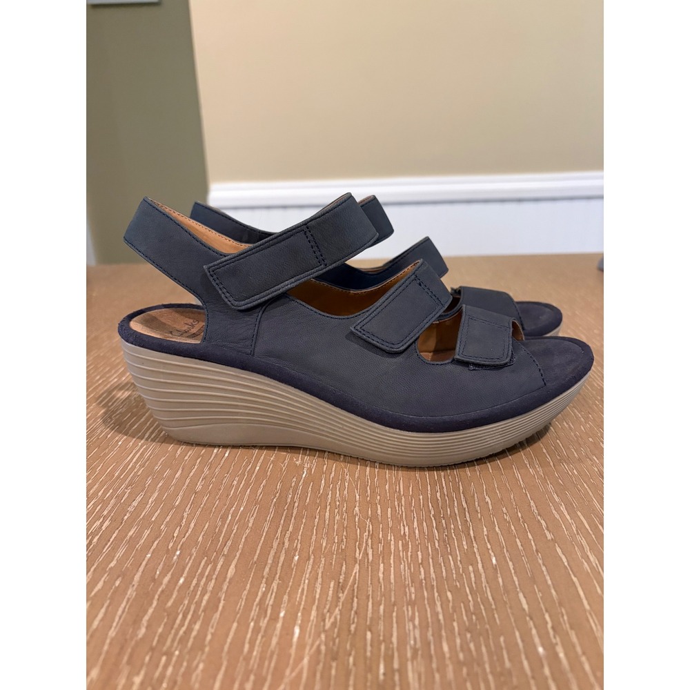 Clarks Reedly Juno Blue Nubuck Leather Wedge Sandals Womens 7.5 M Platform